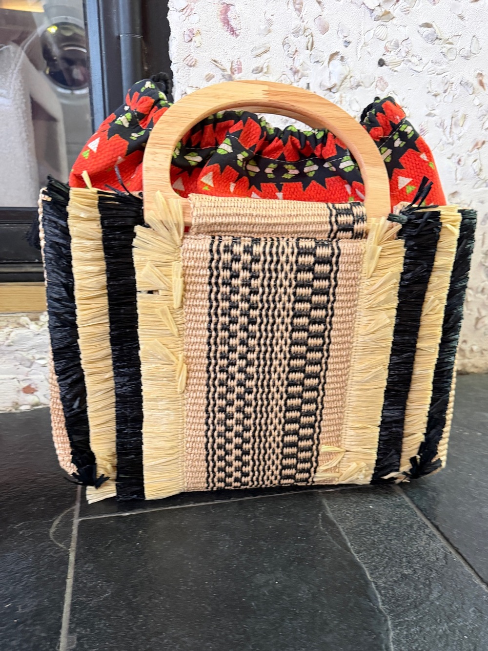 Woven Black & Natural Straw Tote with Coral Ikat Lined Interior